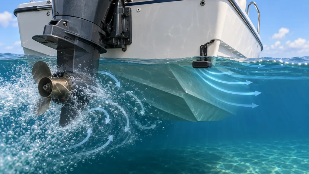 Illustration of a transom-mounted transducer positioned away from propeller wash and a hull strake.