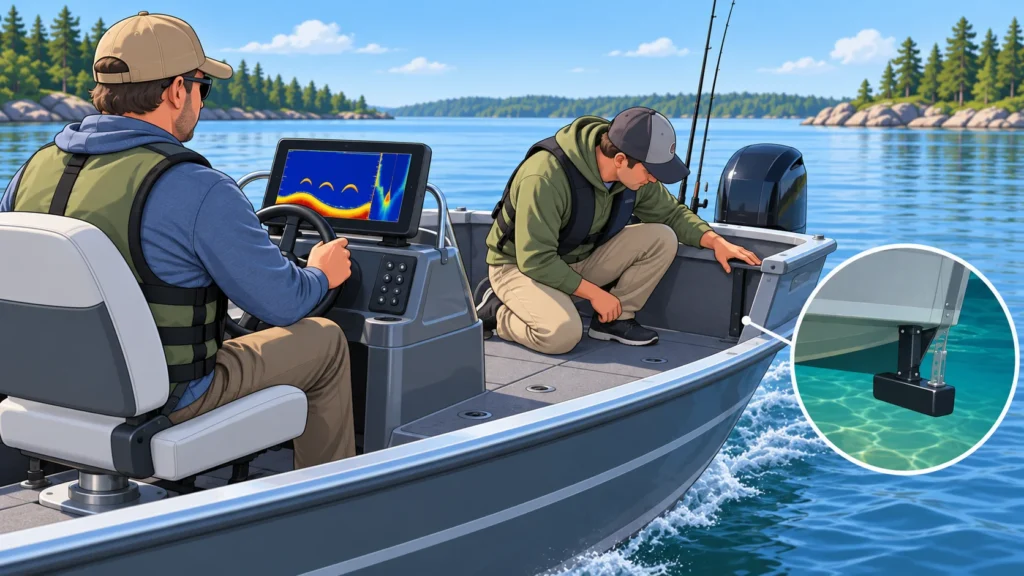 Illustration of a safe on-water sonar check after transducer installation.