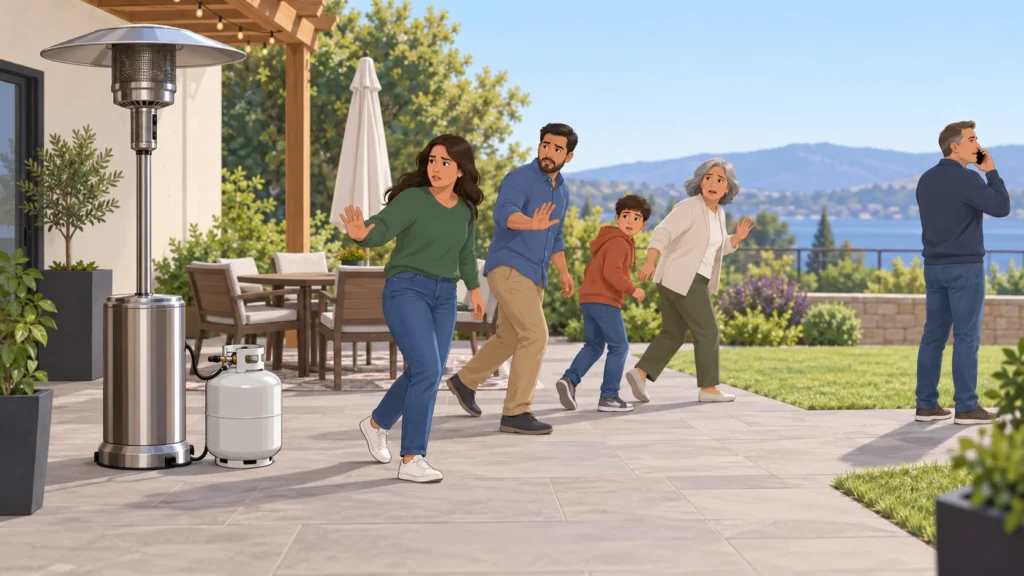 People move away from a patio heater and propane cylinder while contacting help from a distance