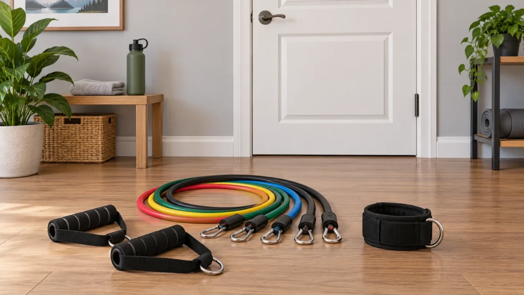 Resistance band handles and ankle strap arranged beside a closed door anchor setup