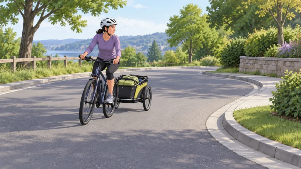 Cyclist towing a cargo trailer carefully through a gentle turn