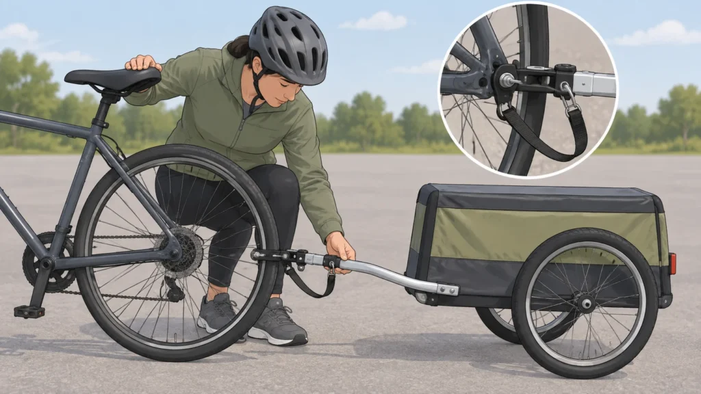 Cyclist checking the hitch and safety strap on a bicycle cargo trailer