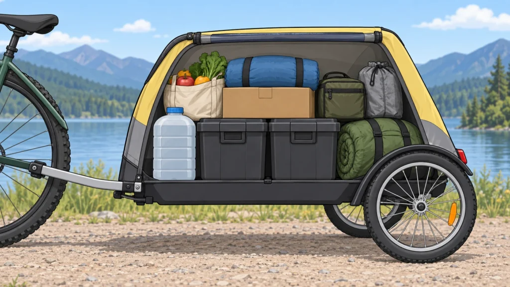 Illustration showing heavy cargo positioned low and near the center of a bicycle trailer