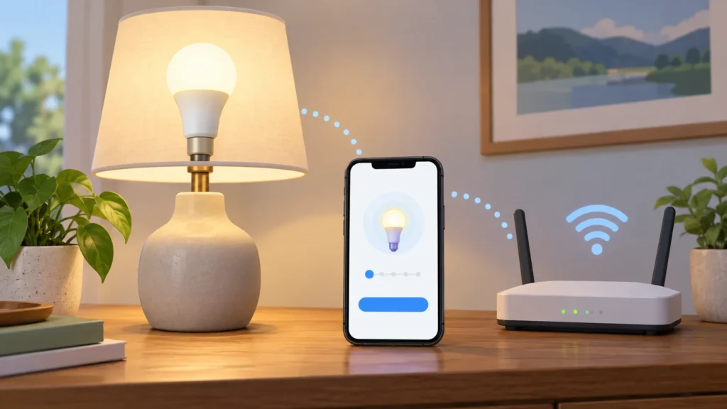 Smart bulb, phone and Wi-Fi router arranged together for initial pairing
