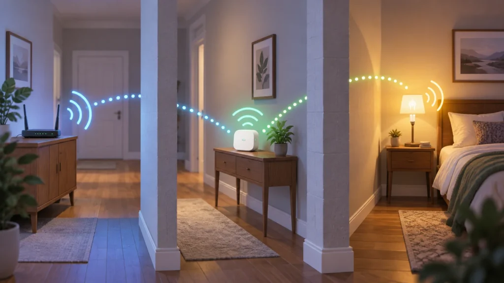 Bedroom smart bulb, Wi-Fi router and mesh node arranged to illustrate coverage troubleshooting