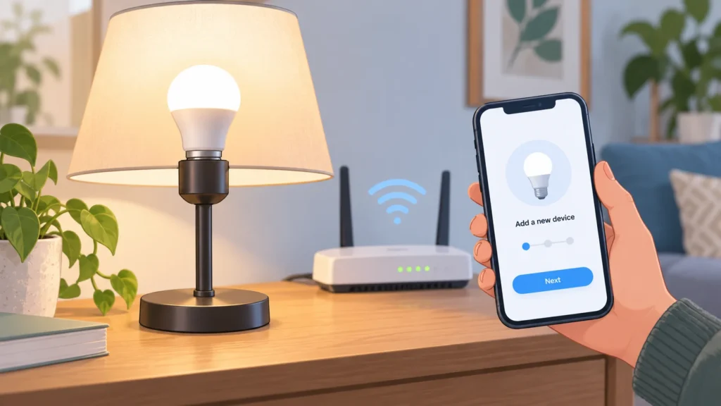 Smart bulb in a lamp positioned near a phone and Wi-Fi router for initial pairing