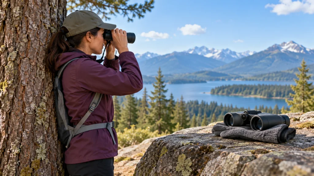 Viewer braces against a tree while holding binoculars with elbows tucked in.