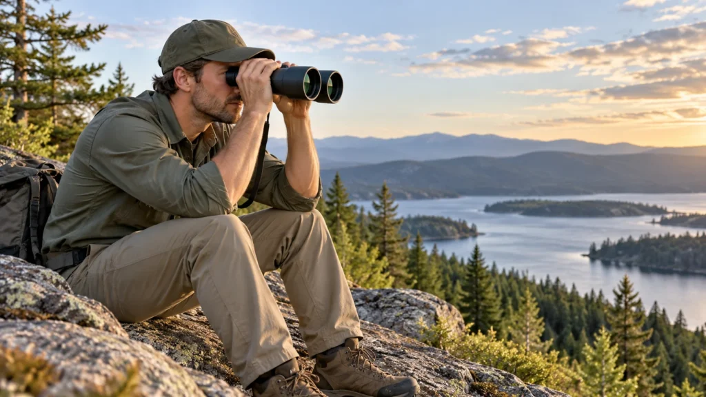 Viewer holds binoculars with elbows braced on their thighs while seated.