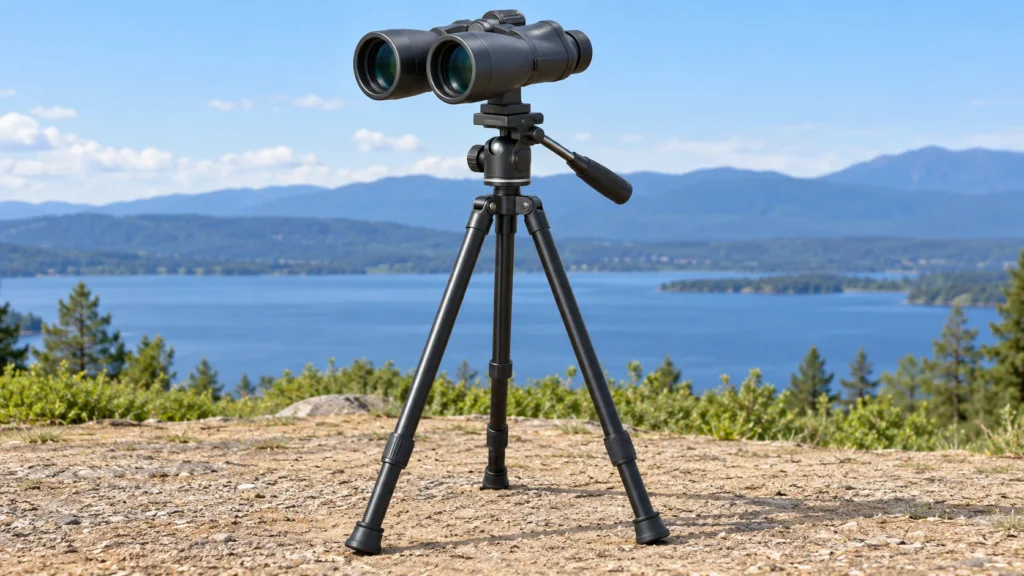 Binoculars are mounted on a tripod set on level ground.