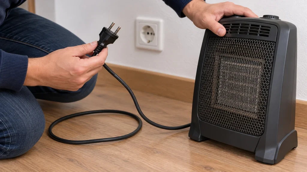 Hands inspecting an unplugged portable heater, its cord and plug for visible damage.