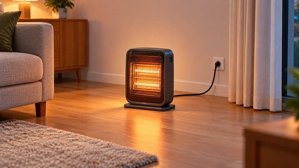 Portable electric space heater placed on a level floor away from curtains and furniture, with its cord routed to a wall outlet.