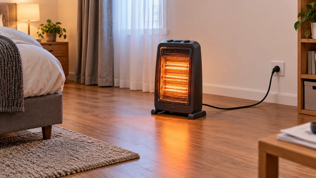 A portable heater positioned away from bedding and curtains, connected directly to a wall outlet.