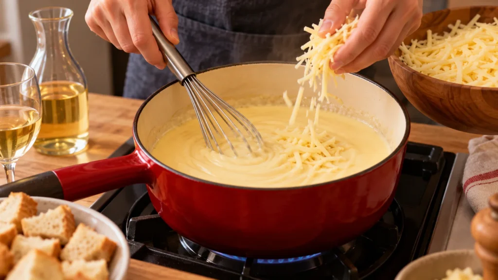 Grated cheese being added a handful at a time to warm liquid in a saucepan while it is stirred.