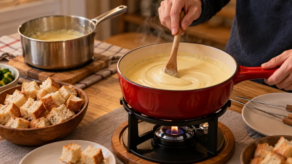 Fondue being gently stirred over a low burner at the table, with bread ready for dipping.