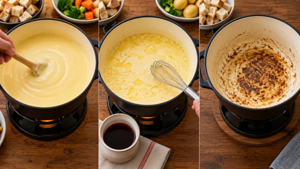 Illustration showing smooth fondue, separated fondue and scorched residue as distinct conditions.
