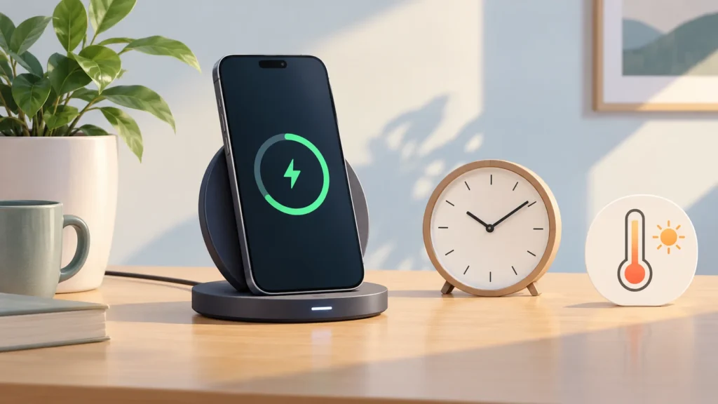 Illustration of a phone charging on a wireless stand beside a clock