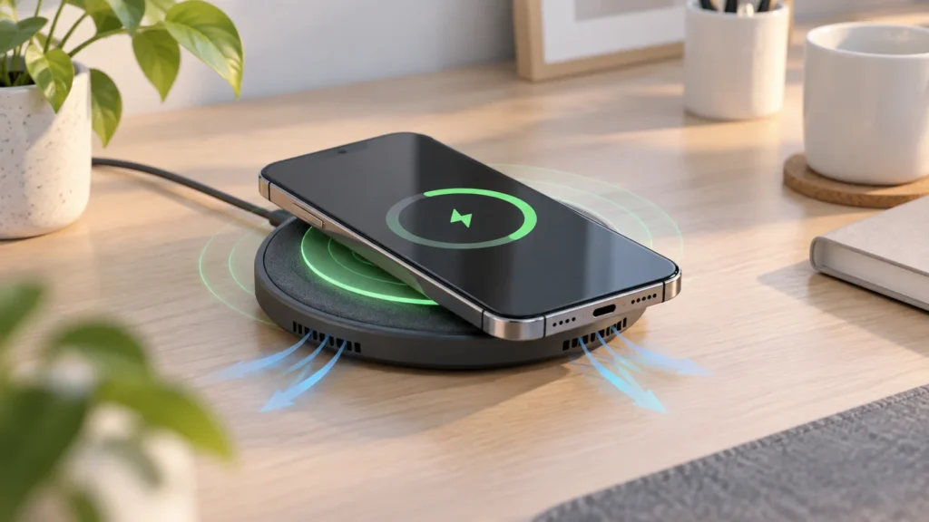 Illustration of a smartphone aligned on a wireless charging pad