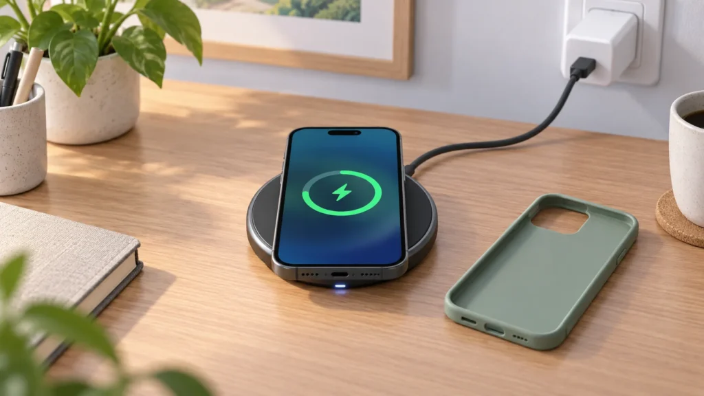 Phone centered on a wireless charging pad beside a phone case and connected power adapter